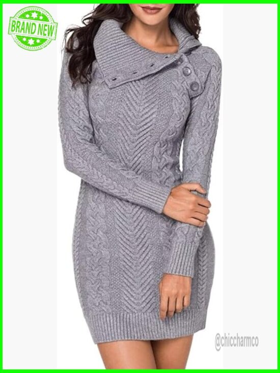 Sweaters - Chunky Cable Knit Turtleneck Pullover Sweater with Pockets Slim Fit